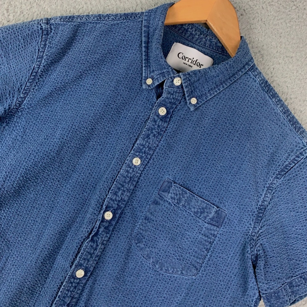 Corridor Button Down Shirt Men's Medium M Indigo Seersucker Short-Sleeve Cotton